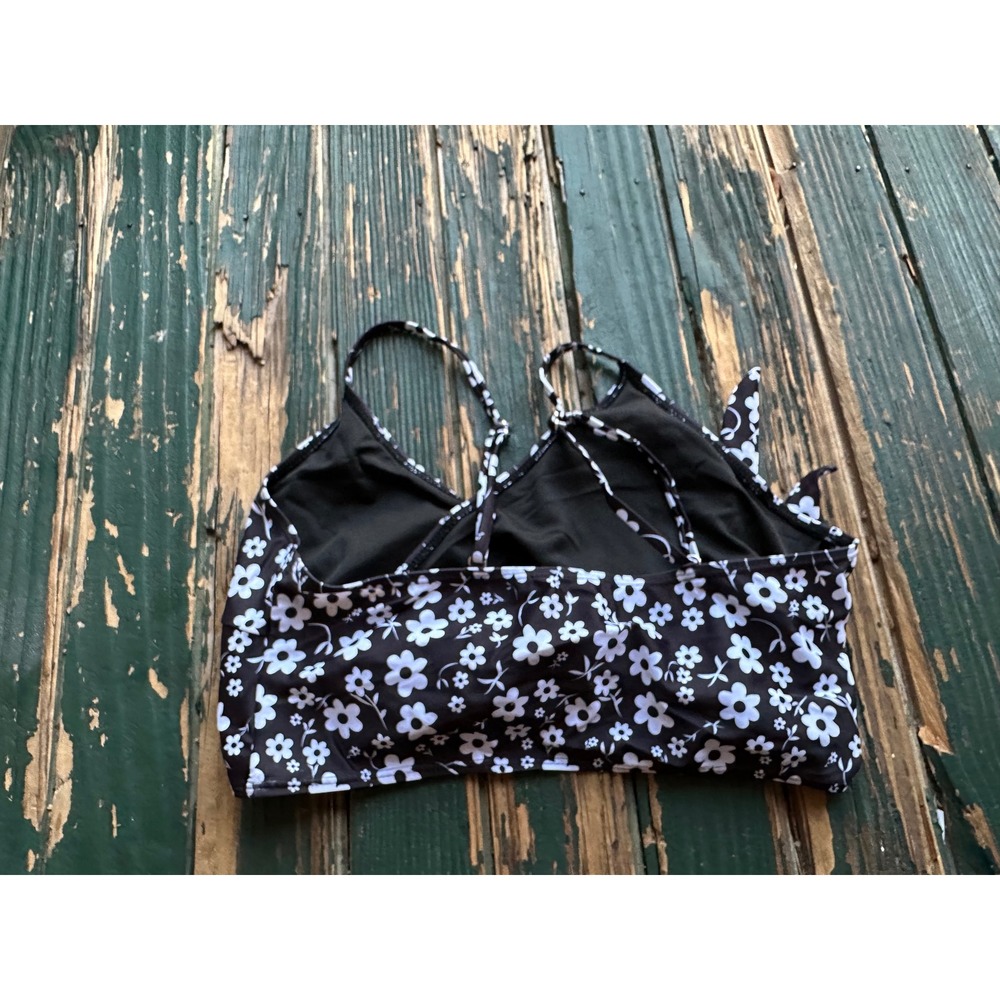 Womens Black White Floral Daisy Print Front Tie Bikini Top Swimwear Size Large - Picture 2 of 3